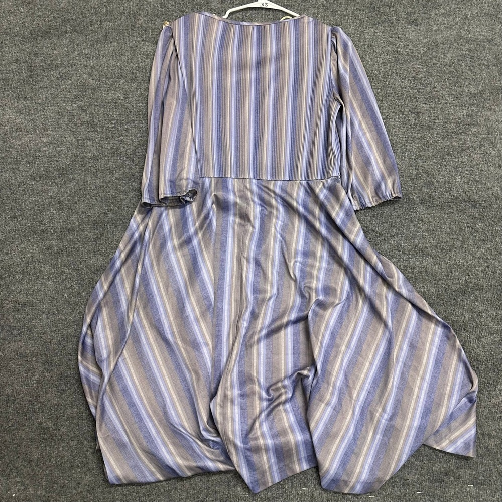 Vintage Dress Womens XL Blue Grey Striped Pleated Elastic Waist Midi Casual